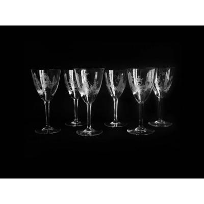 Delvaux  Paris - Rare Suite Of Six Crystal Goblet Engraved With Chinoiserie Decor