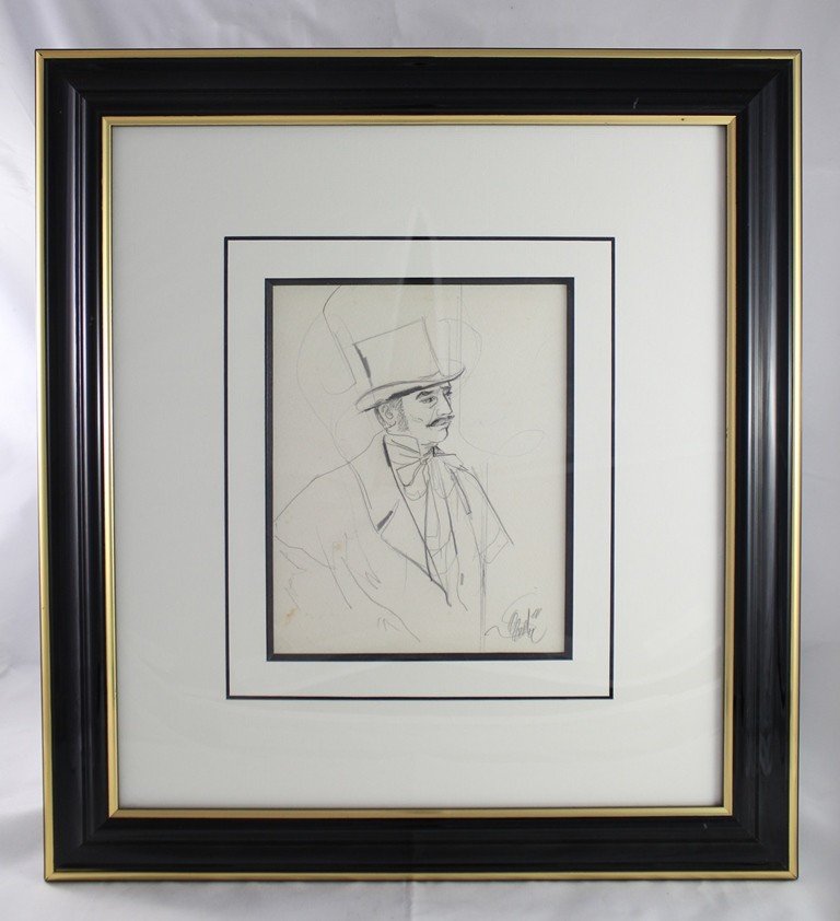 Drawing 'portrait Of A Man In A Top Hat' Jean-baptiste Valadié (born In 1933)-photo-2