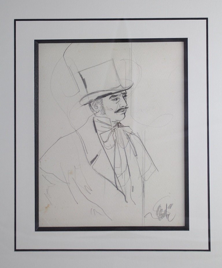 Drawing 'portrait Of A Man In A Top Hat' Jean-baptiste Valadié (born In 1933)-photo-3