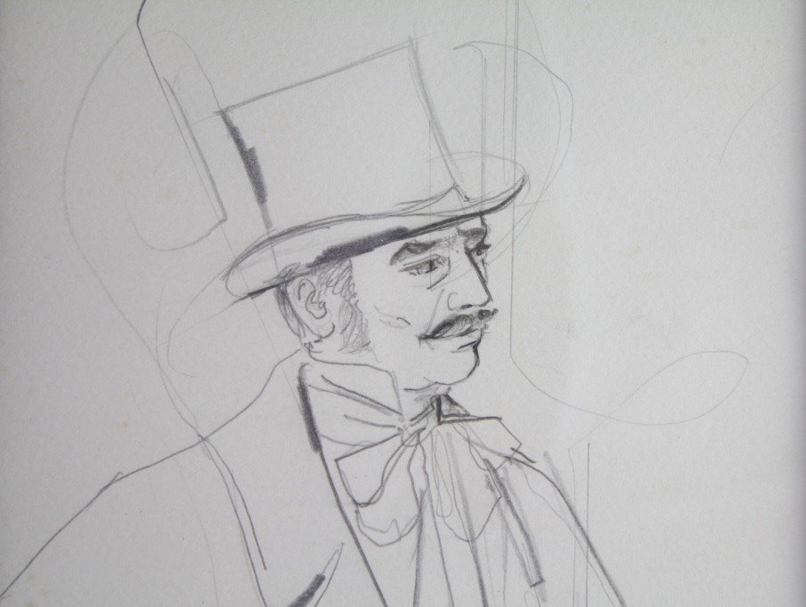 Drawing 'portrait Of A Man In A Top Hat' Jean-baptiste Valadié (born In 1933)-photo-4