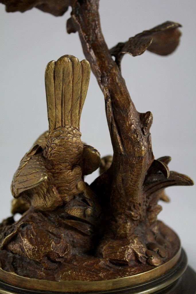 Bronze Candlestick Sculpture 'partridge Feeding Its Partridges' Late 19th Century-photo-2
