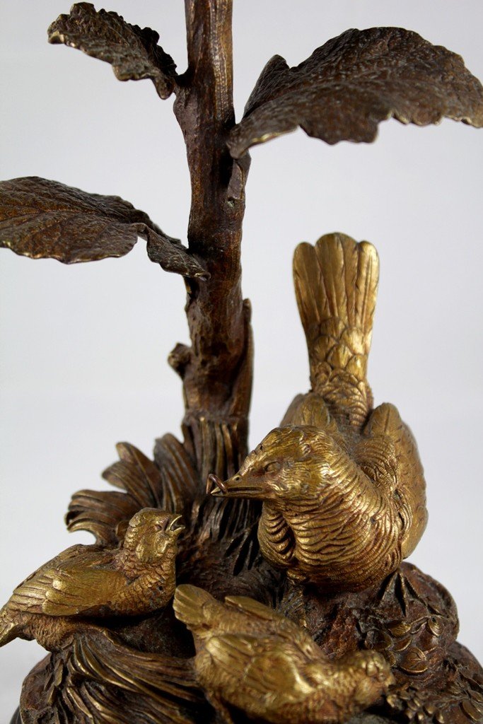 Bronze Candlestick Sculpture 'partridge Feeding Its Partridges' Late 19th Century-photo-5