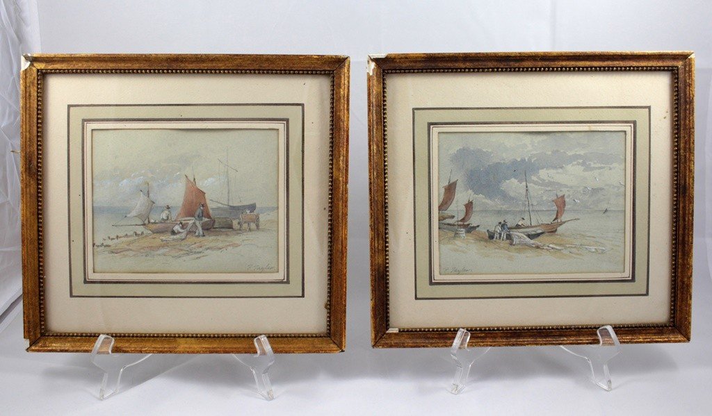 Pair Of 'fishermen And Boats' Watercolors Signed John Frederick Tayler (1802-1889)-photo-2