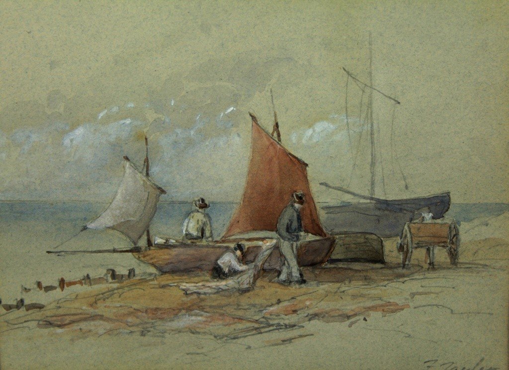 Pair Of 'fishermen And Boats' Watercolors Signed John Frederick Tayler (1802-1889)-photo-4