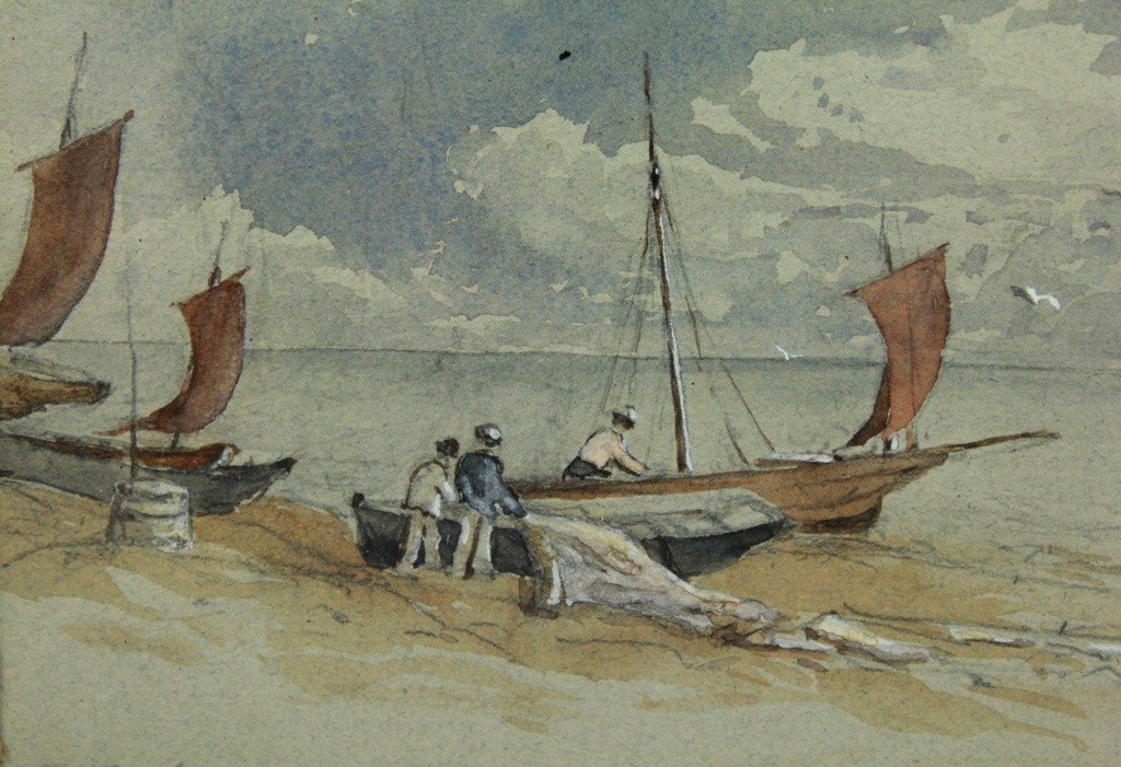 Pair Of 'fishermen And Boats' Watercolors Signed John Frederick Tayler (1802-1889)-photo-6