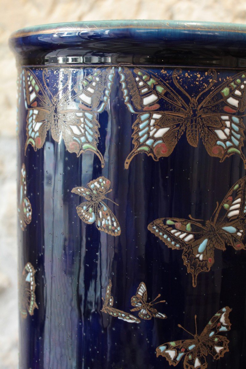 Umbrella Stand In Enameled Earthenware With Butterfly Patterns Signed Kg Lunéville Period Around 1900-photo-4