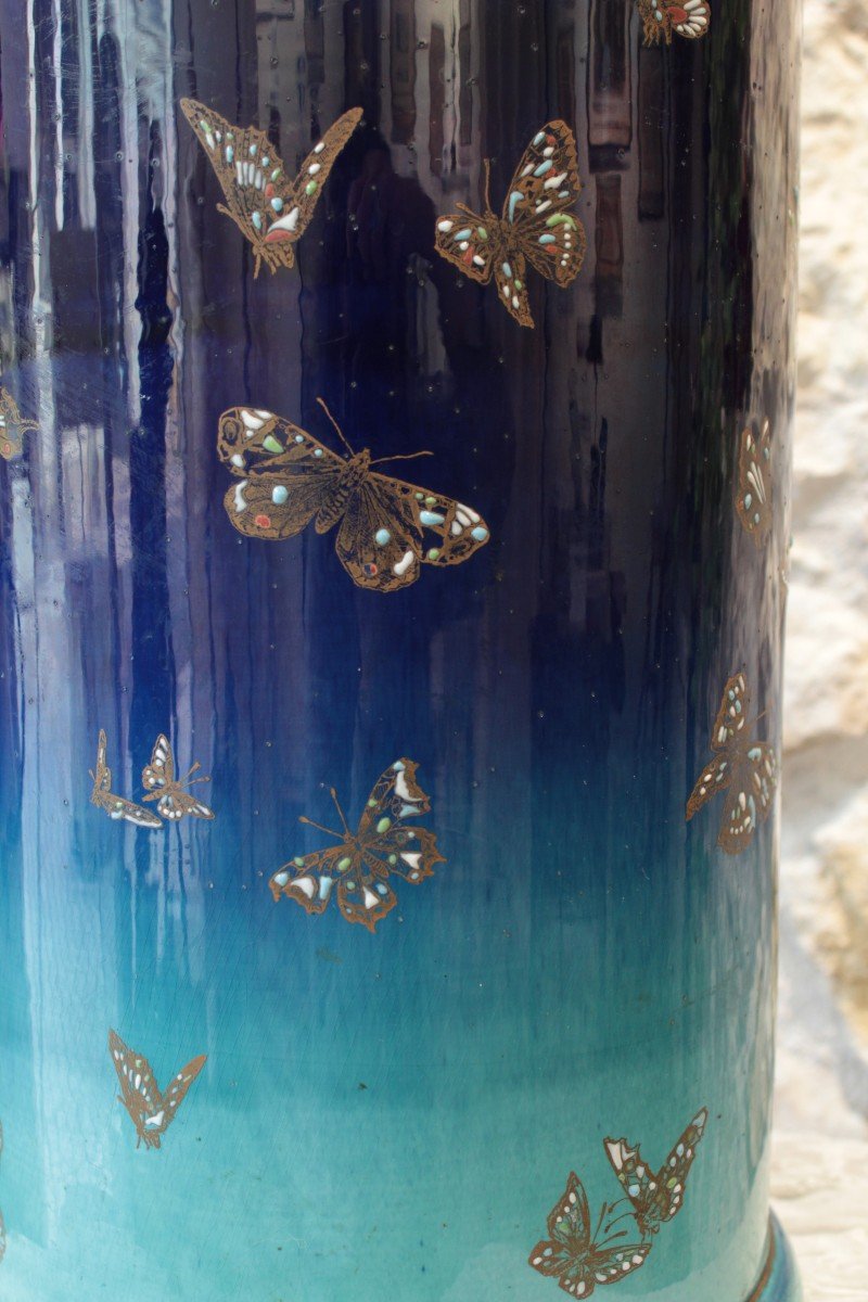 Umbrella Stand In Enameled Earthenware With Butterfly Patterns Signed Kg Lunéville Period Around 1900-photo-3