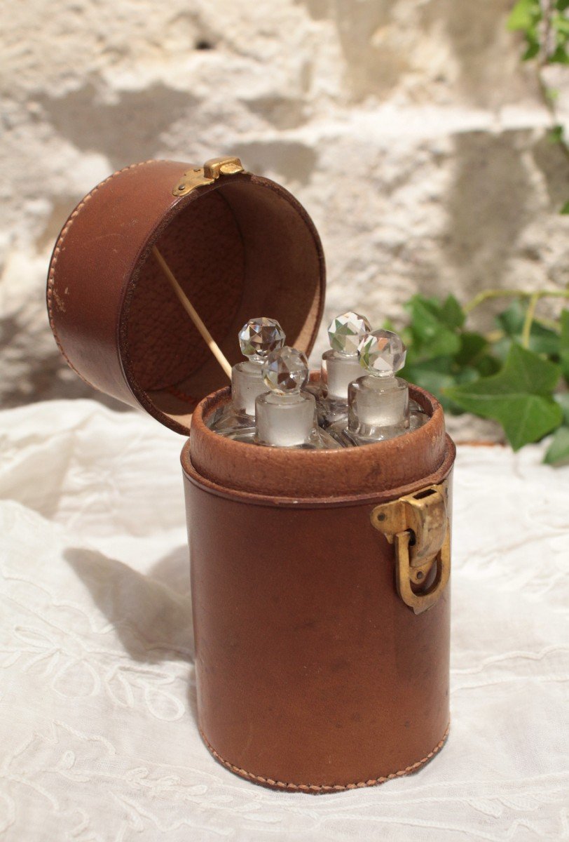 4 Bottles In A Leather Case Early 20th Century-photo-6