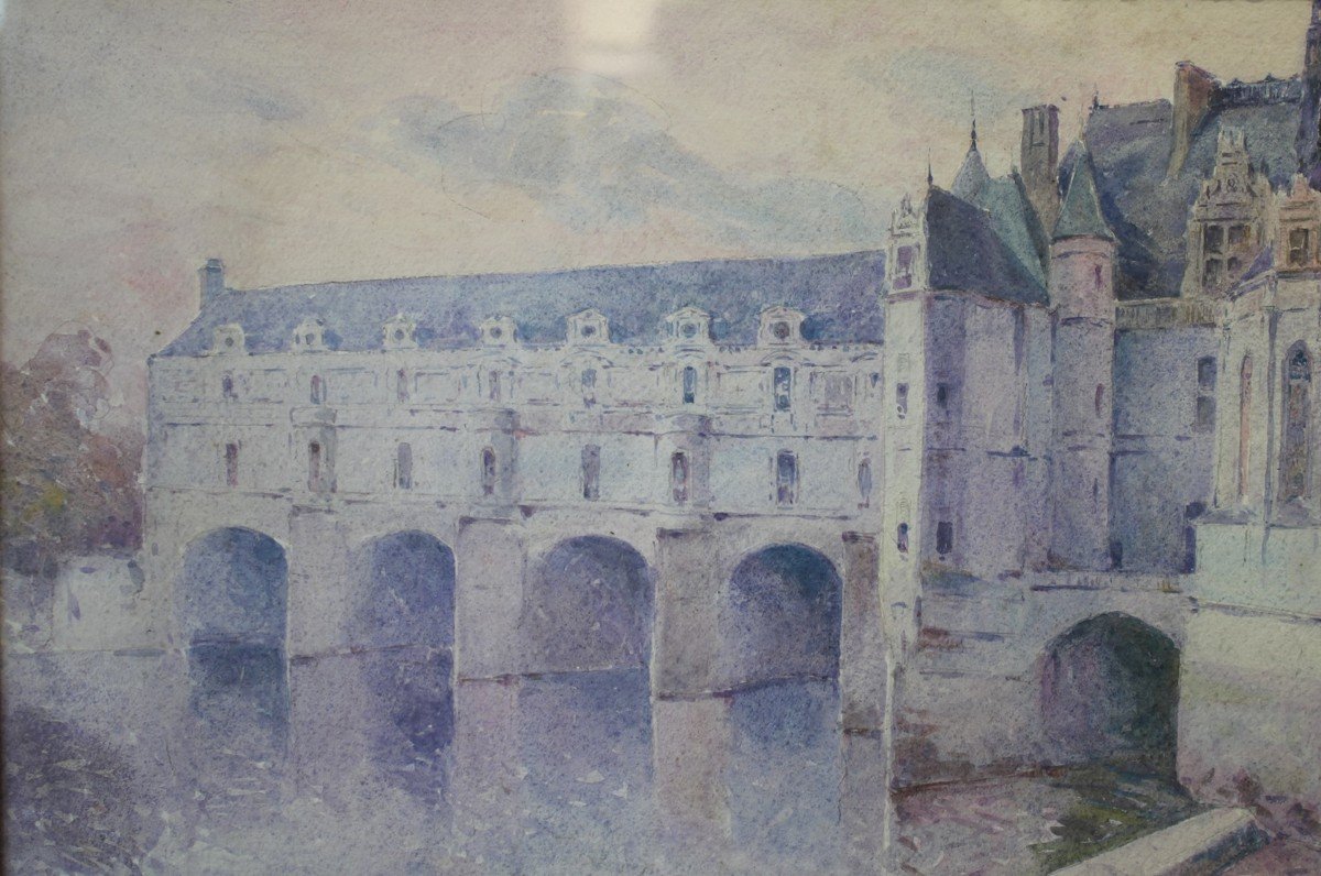 Aquarelle 'château De Chenonceau' Par Marius Robert Datée 1912-photo-4