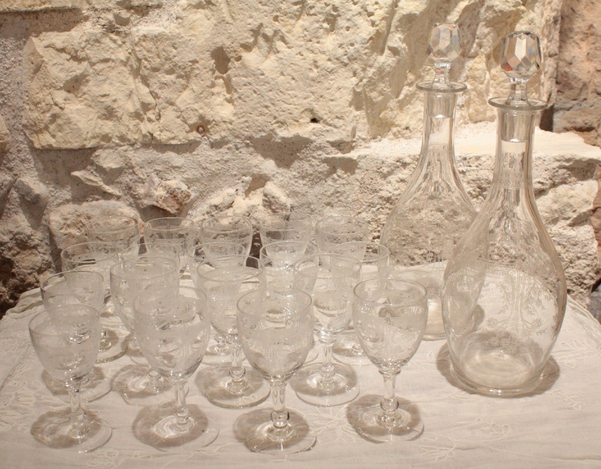 Service De Verres Et Deux Carafes En Cristal Gravé Début 20ème Siècle-photo-2