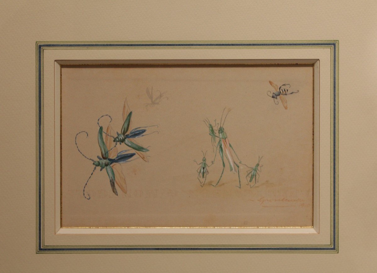 Humorous Studies, Gouache Drawing, Representative Of Insects Signed And Dated 1910