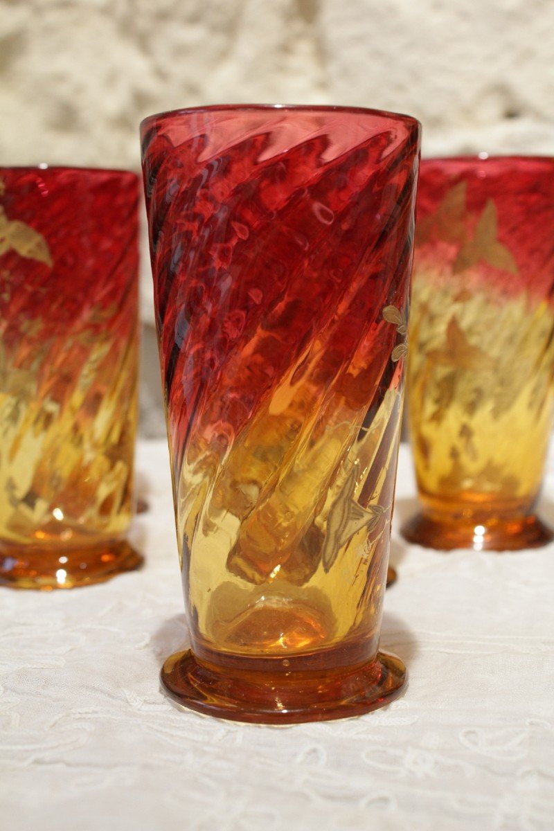 6 Pink And Yellow Colored Crystal Glasses In The Taste Of Baccarat Early 20th Century-photo-1