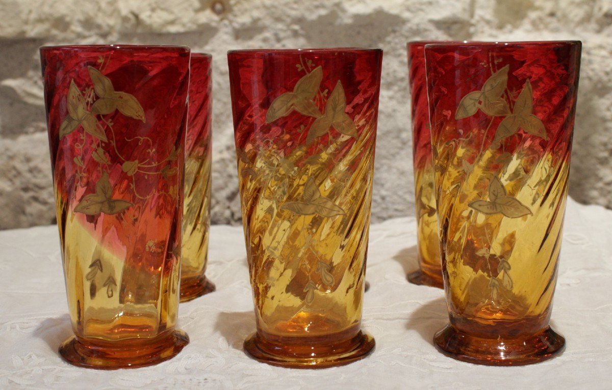 6 Pink And Yellow Colored Crystal Glasses In The Taste Of Baccarat Early 20th Century-photo-2