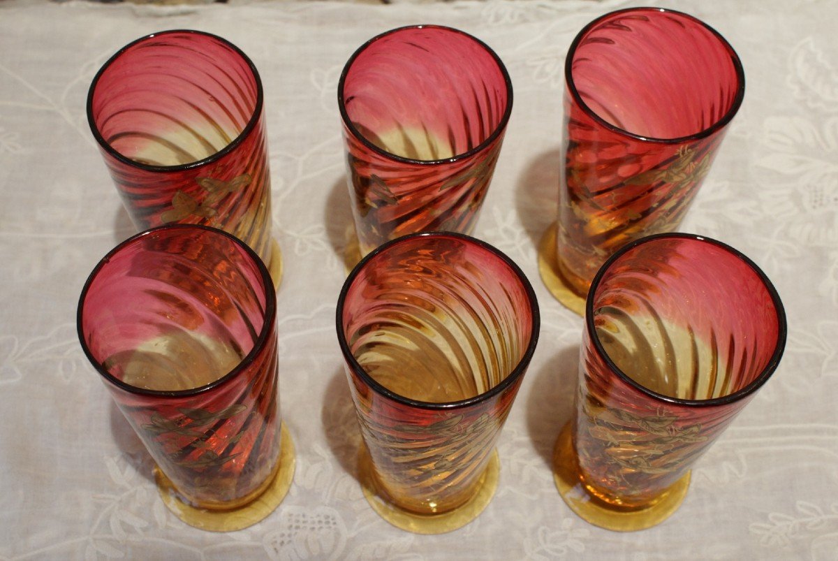 6 Pink And Yellow Colored Crystal Glasses In The Taste Of Baccarat Early 20th Century-photo-5