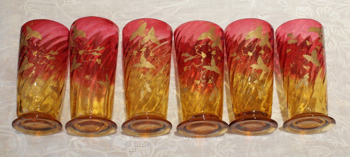 6 Pink And Yellow Colored Crystal Glasses In The Taste Of Baccarat Early 20th Century-photo-7