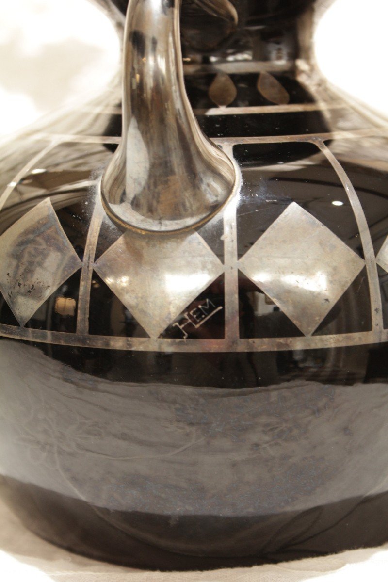 Black Glass Vase And Silver Geometric Decor Signed Hem, Michel Herman, Circa 1930-photo-3