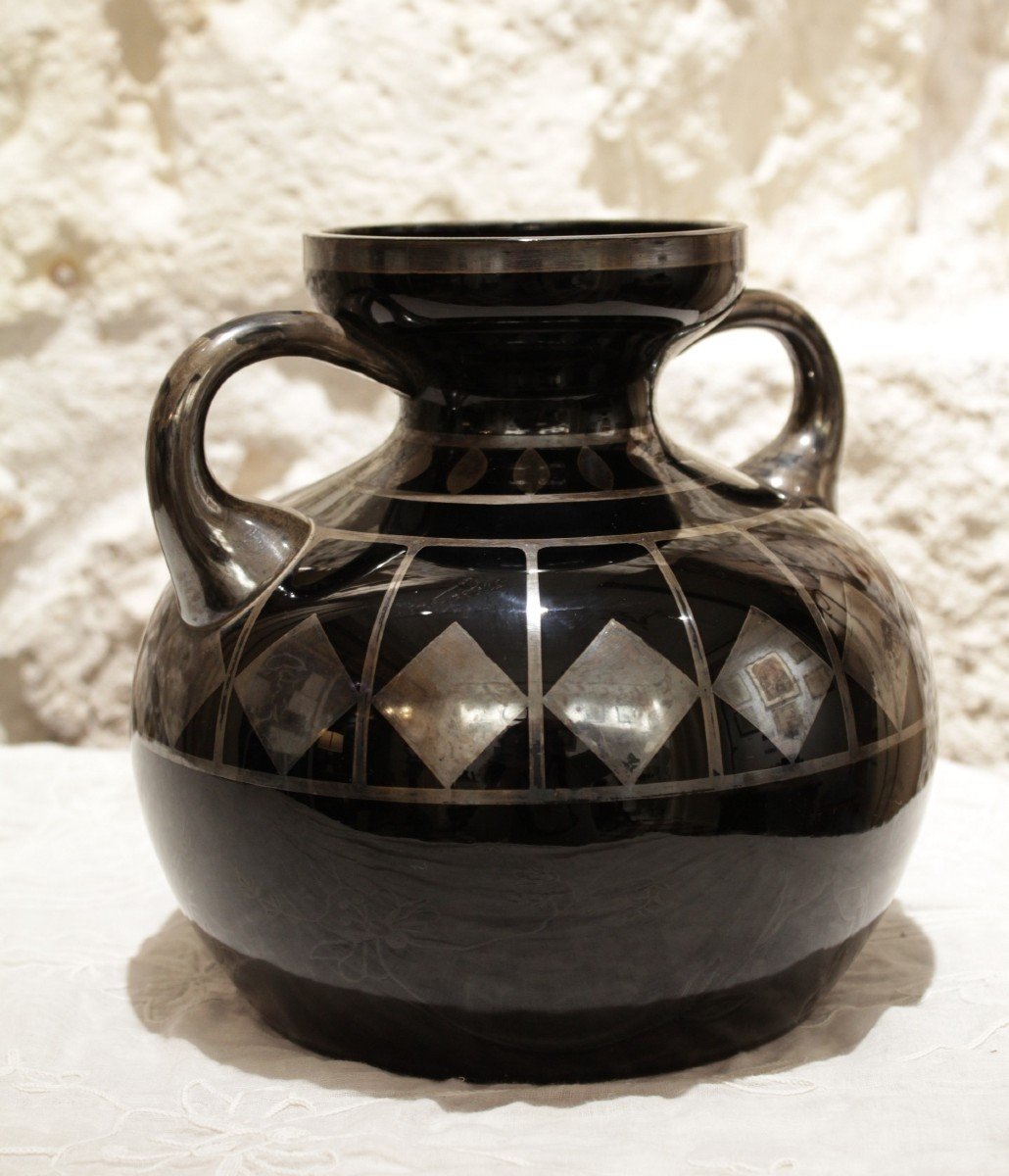 Black Glass Vase And Silver Geometric Decor Signed Hem, Michel Herman, Circa 1930-photo-1