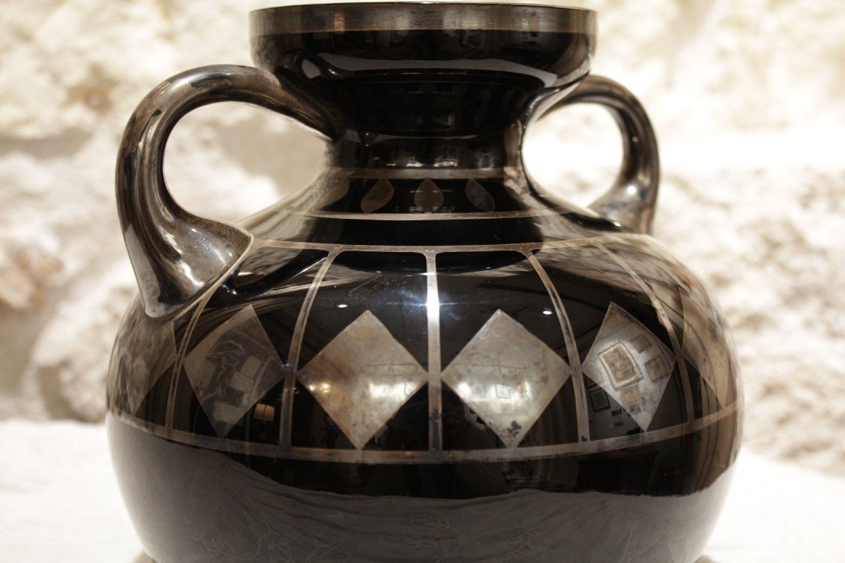 Black Glass Vase And Silver Geometric Decor Signed Hem, Michel Herman, Circa 1930-photo-2