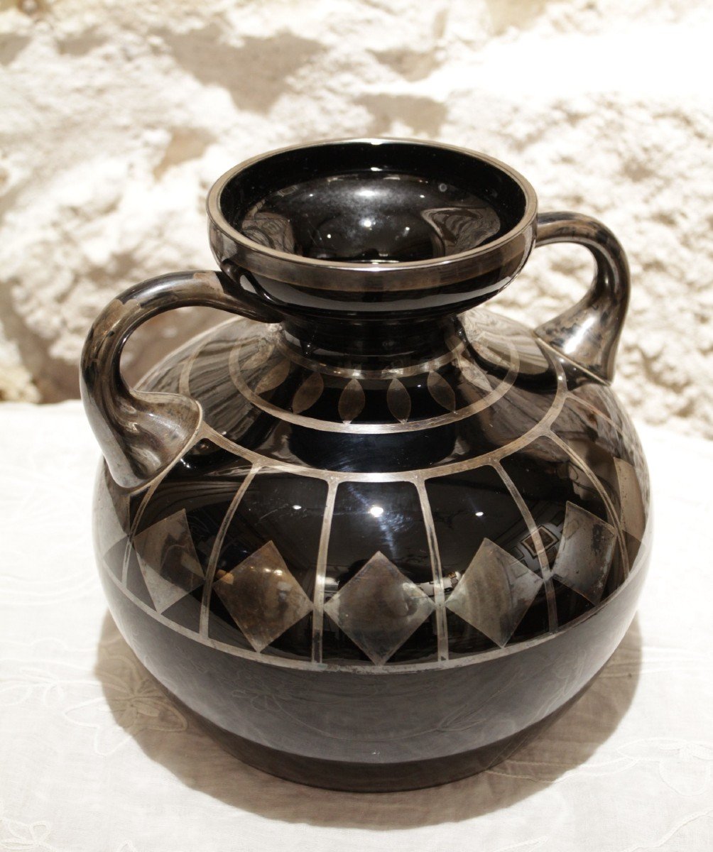 Black Glass Vase And Silver Geometric Decor Signed Hem, Michel Herman, Circa 1930-photo-3