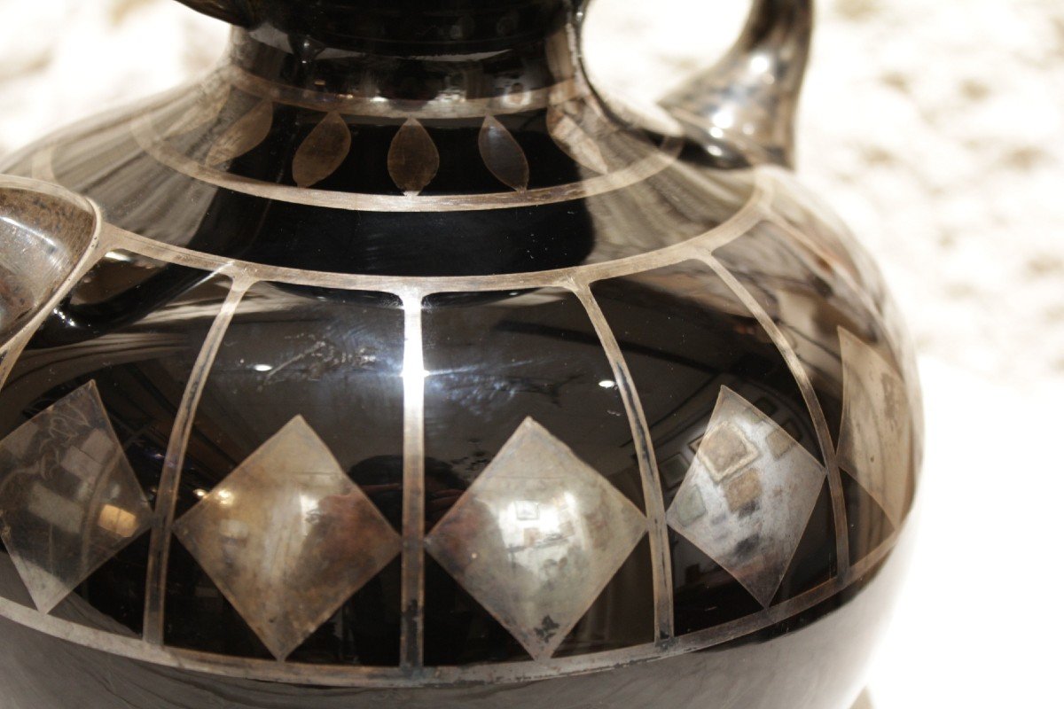 Black Glass Vase And Silver Geometric Decor Signed Hem, Michel Herman, Circa 1930-photo-6