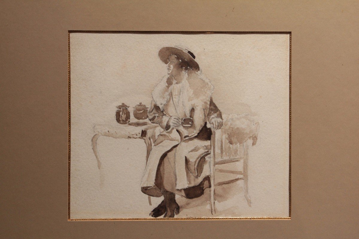 Dessin 'femme Assise Buvant Un Thé' Mine De Plomb Et Lavis d'Encre Vers 1900-photo-3