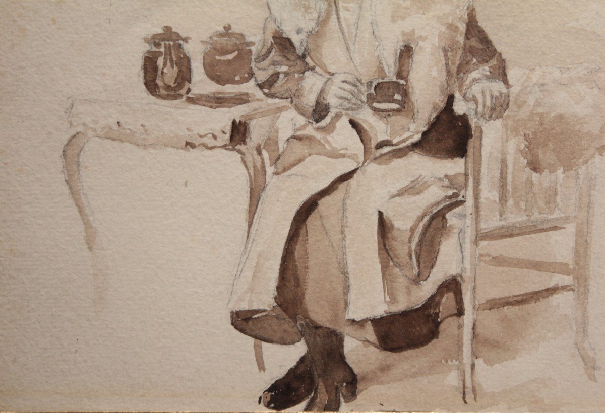 Dessin 'femme Assise Buvant Un Thé' Mine De Plomb Et Lavis d'Encre Vers 1900-photo-3
