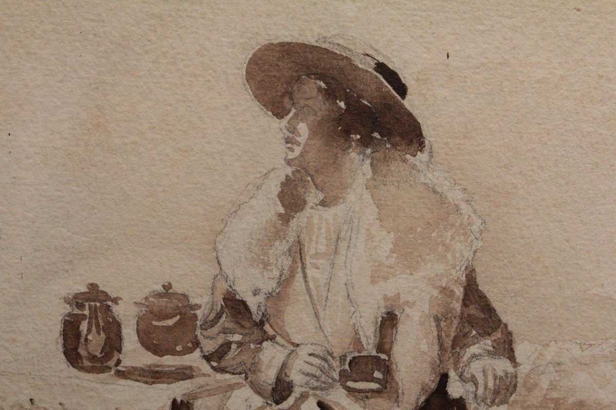 Dessin 'femme Assise Buvant Un Thé' Mine De Plomb Et Lavis d'Encre Vers 1900-photo-7