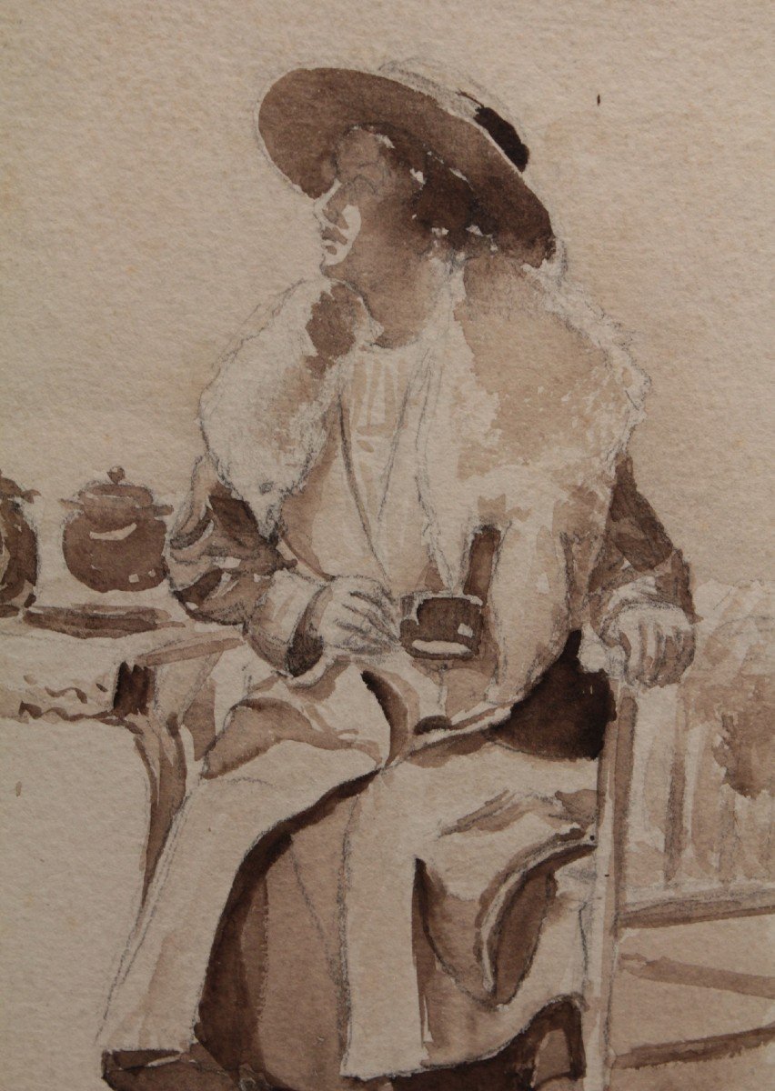 Dessin 'femme Assise Buvant Un Thé' Mine De Plomb Et Lavis d'Encre Vers 1900