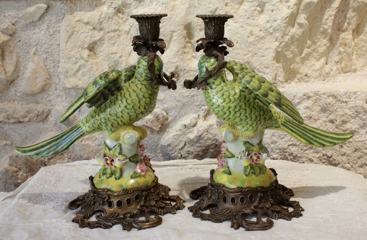 Pair Of Parrot Torches, Earthenware And Bronze Mount, 20th Century Work-photo-1