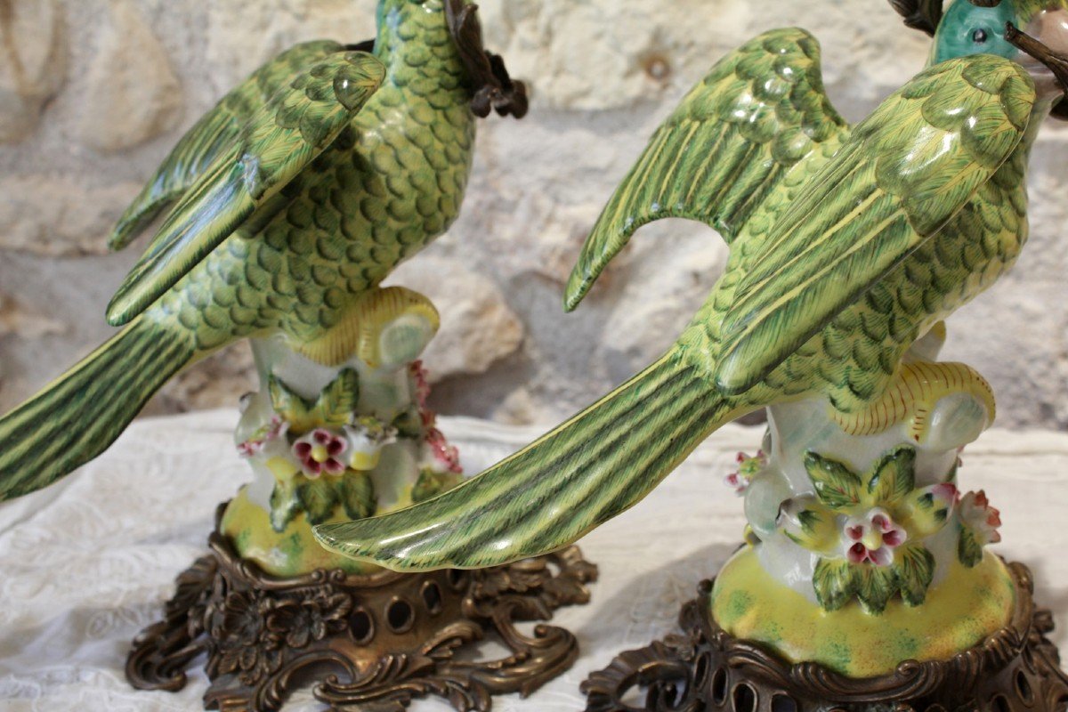 Pair Of Parrot Torches, Earthenware And Bronze Mount, 20th Century Work-photo-8