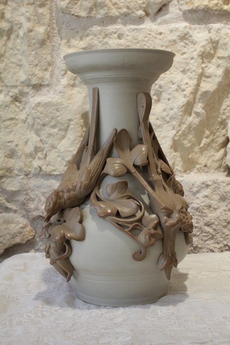 Stoneware Vase Swallows And Mascarons, Sarreguemines, Late 19th Century-photo-2