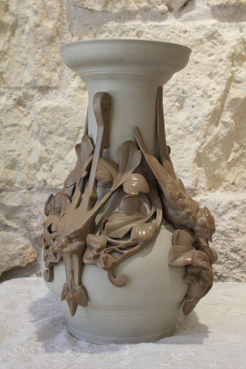 Stoneware Vase Swallows And Mascarons, Sarreguemines, Late 19th Century-photo-3