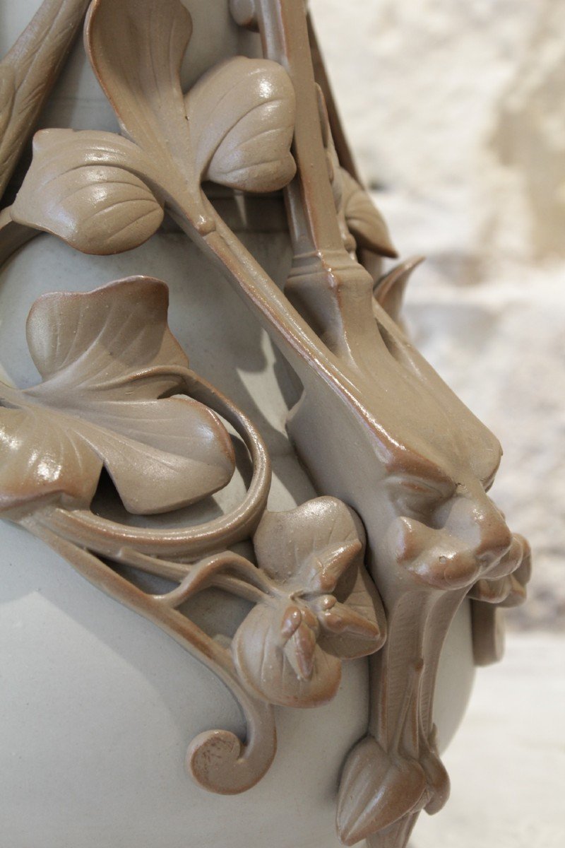 Stoneware Vase Swallows And Mascarons, Sarreguemines, Late 19th Century-photo-4