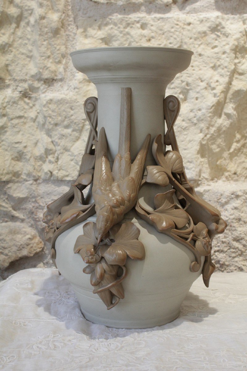 Stoneware Vase Swallows And Mascarons, Sarreguemines, Late 19th Century