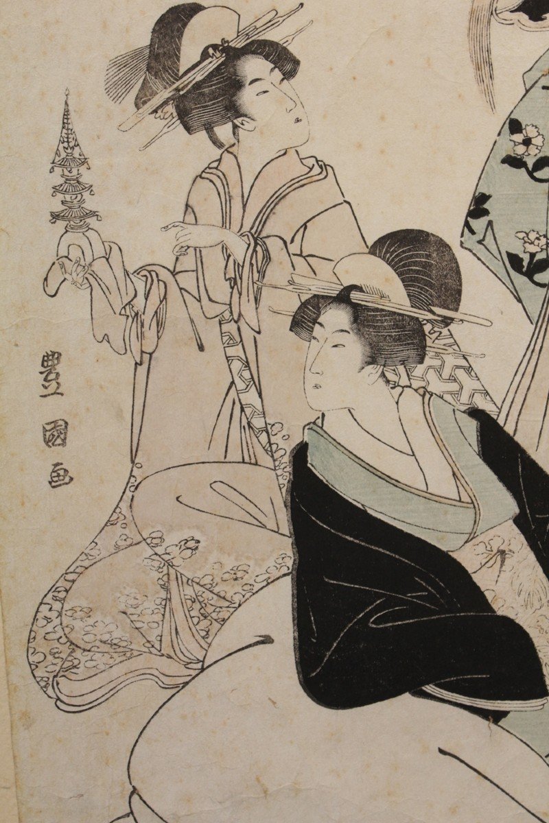 Japanese Print 'the 3 Beauties' By Toyokuni I (1769-1825)-photo-6