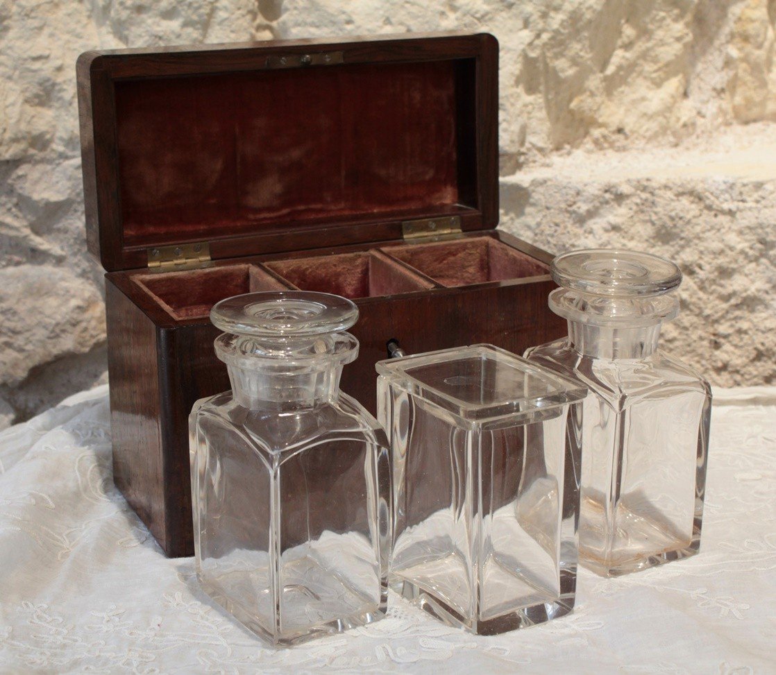 Travel Tea Box In Amaranth Veneer And Its 3 Bottles, 19th Century Period-photo-3