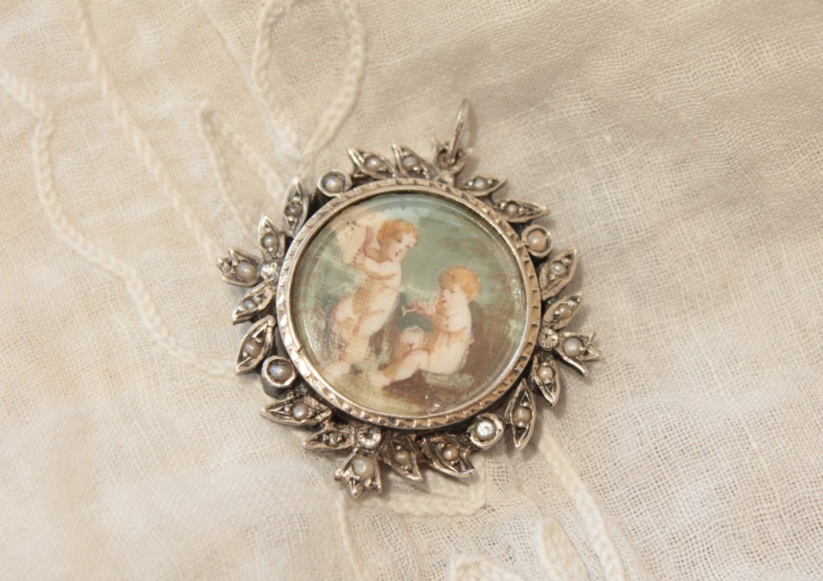 Silver Metal Pendant And Half Pearls With Painted Miniature 19th Century-photo-3