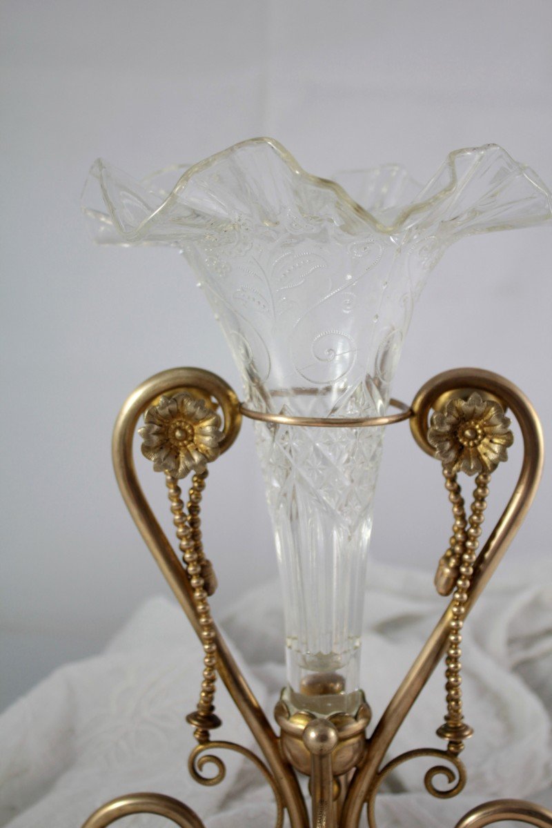 Glass Cornet Vase With Gilded Metal Frame Circa 1900-photo-2