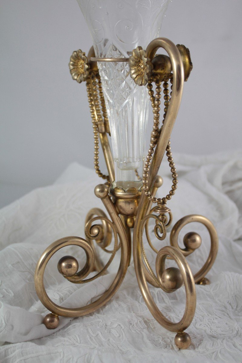 Glass Cornet Vase With Gilded Metal Frame Circa 1900-photo-2