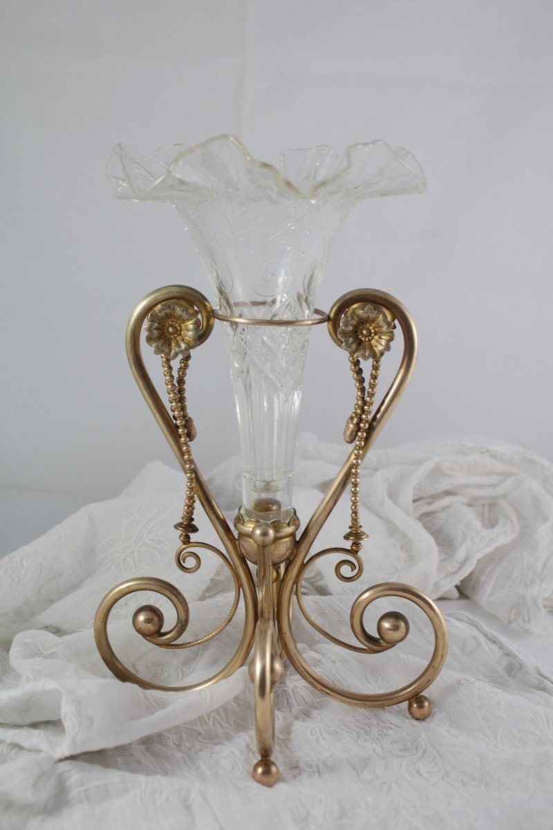 Glass Cornet Vase With Gilded Metal Frame Circa 1900