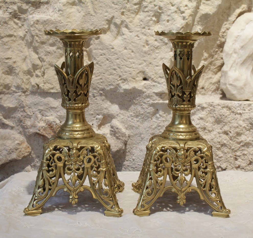 Pair Of Gilt Bronze Candlesticks With Cherub Decor, Late 19th Century -photo-2