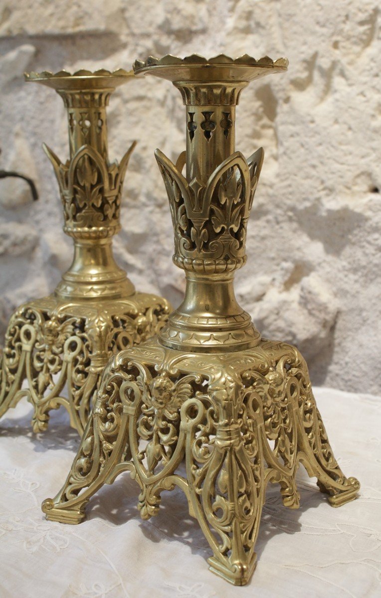 Pair Of Gilt Bronze Candlesticks With Cherub Decor, Late 19th Century -photo-3