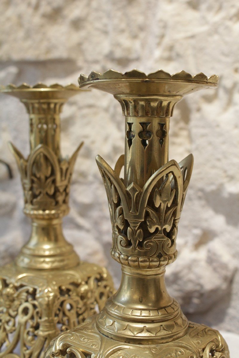 Pair Of Gilt Bronze Candlesticks With Cherub Decor, Late 19th Century -photo-4