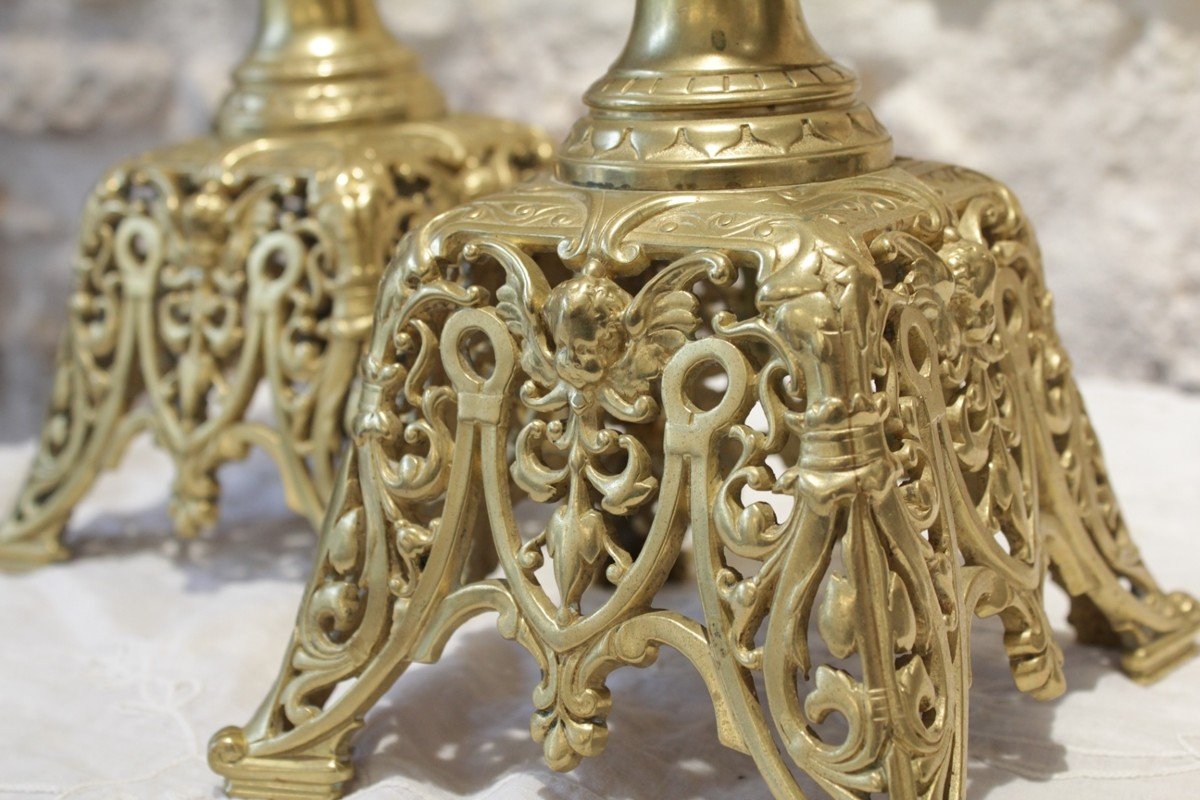 Pair Of Gilt Bronze Candlesticks With Cherub Decor, Late 19th Century -photo-1