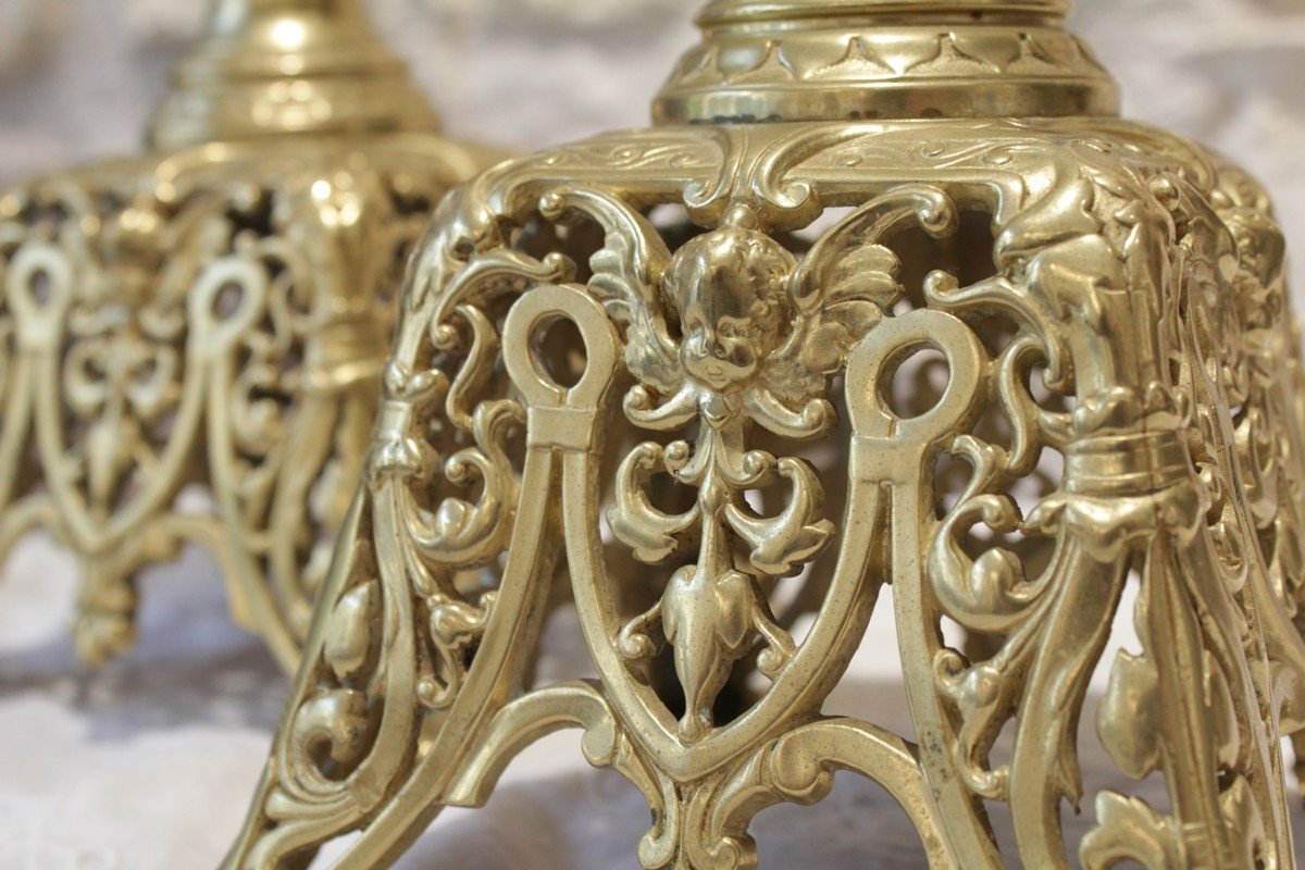 Pair Of Gilt Bronze Candlesticks With Cherub Decor, Late 19th Century -photo-2