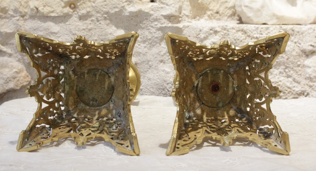 Pair Of Gilt Bronze Candlesticks With Cherub Decor, Late 19th Century -photo-3