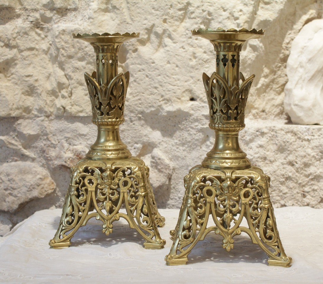 Pair Of Gilt Bronze Candlesticks With Cherub Decor, Late 19th Century 