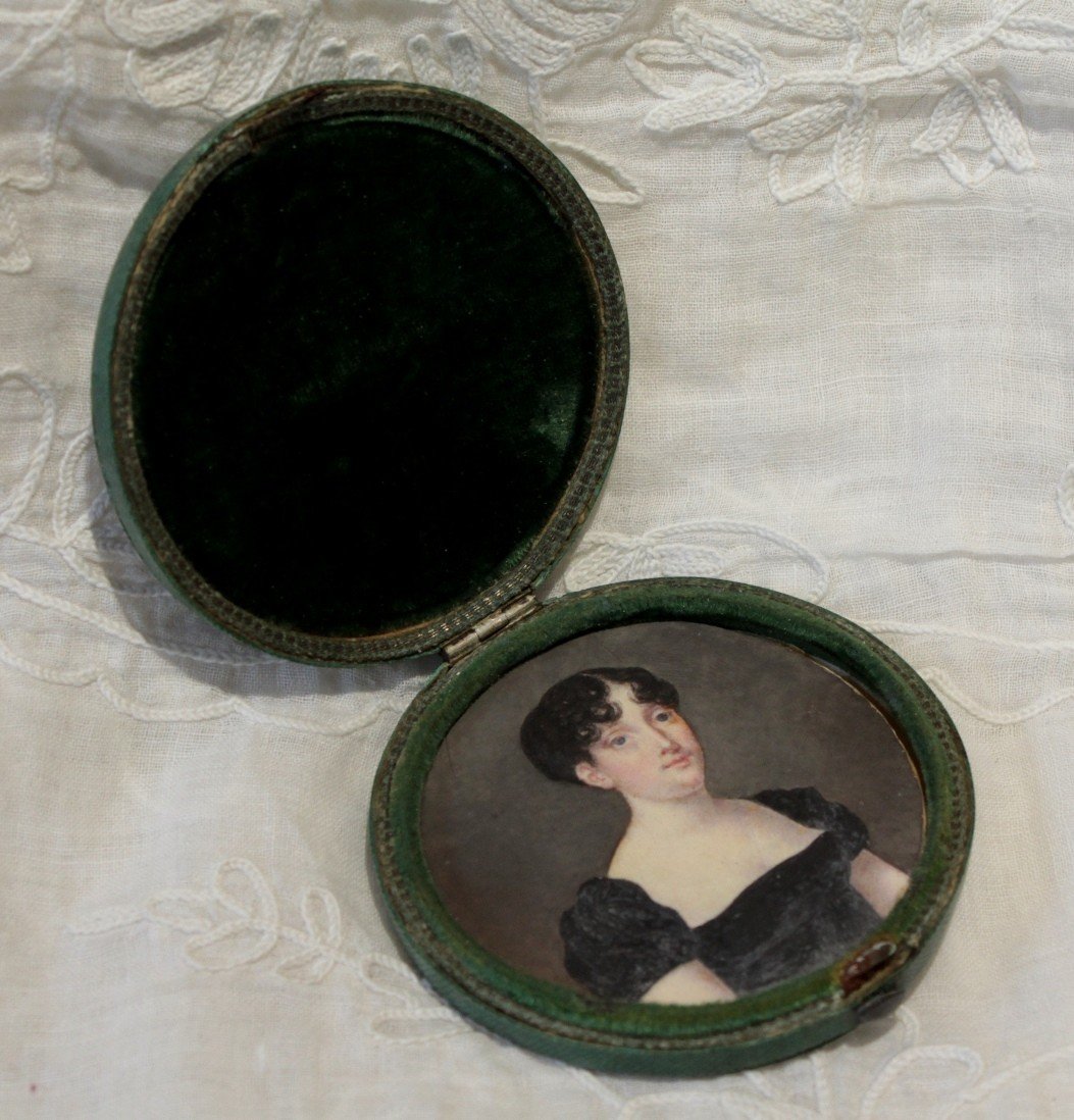 Miniature Portrait De Femme Dans Son étui En Galuchat Vers 1800-photo-2