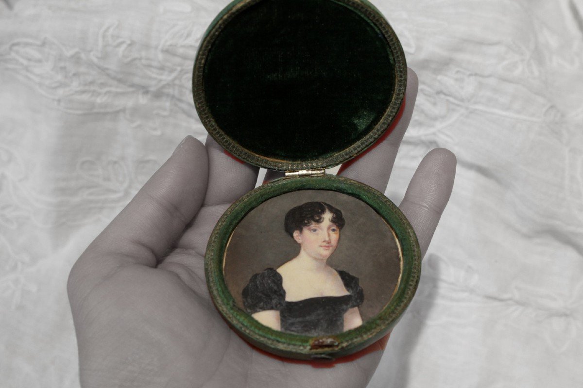 Miniature Portrait De Femme Dans Son étui En Galuchat Vers 1800-photo-2