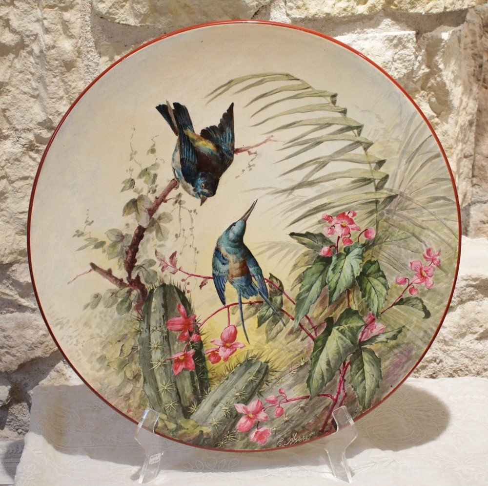 Large Circular Earthenware Dish Decorated With Birds And Vegetation Signed E. Masson Late 19th Century-photo-2